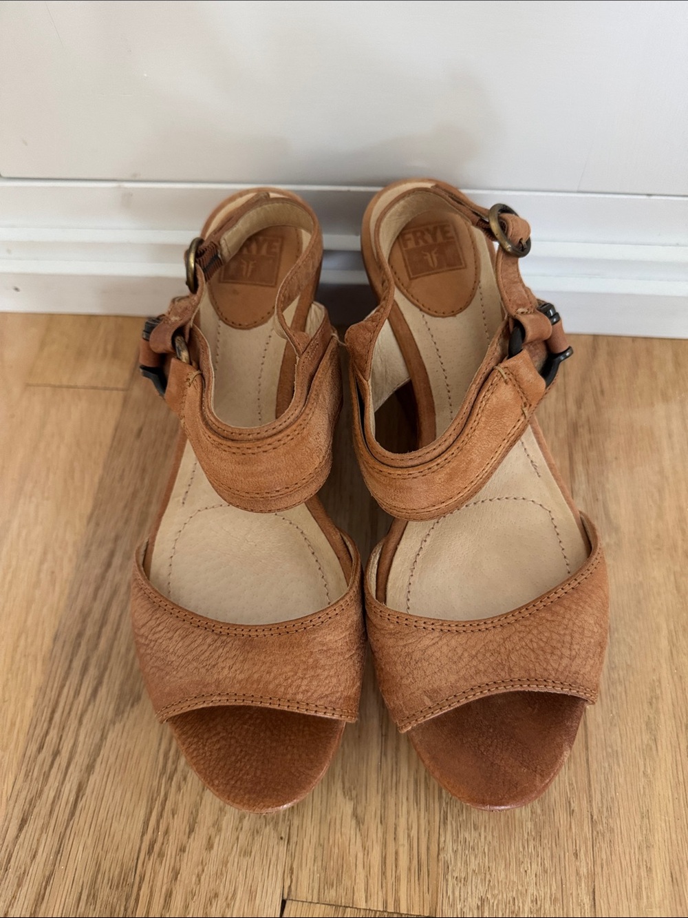 Frye Tan Leather Platform Wedge Sandals with Ankle Buckle